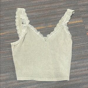 American Eagle Outfitters Lace Trim Ribbed Crop Top - Light Gray
